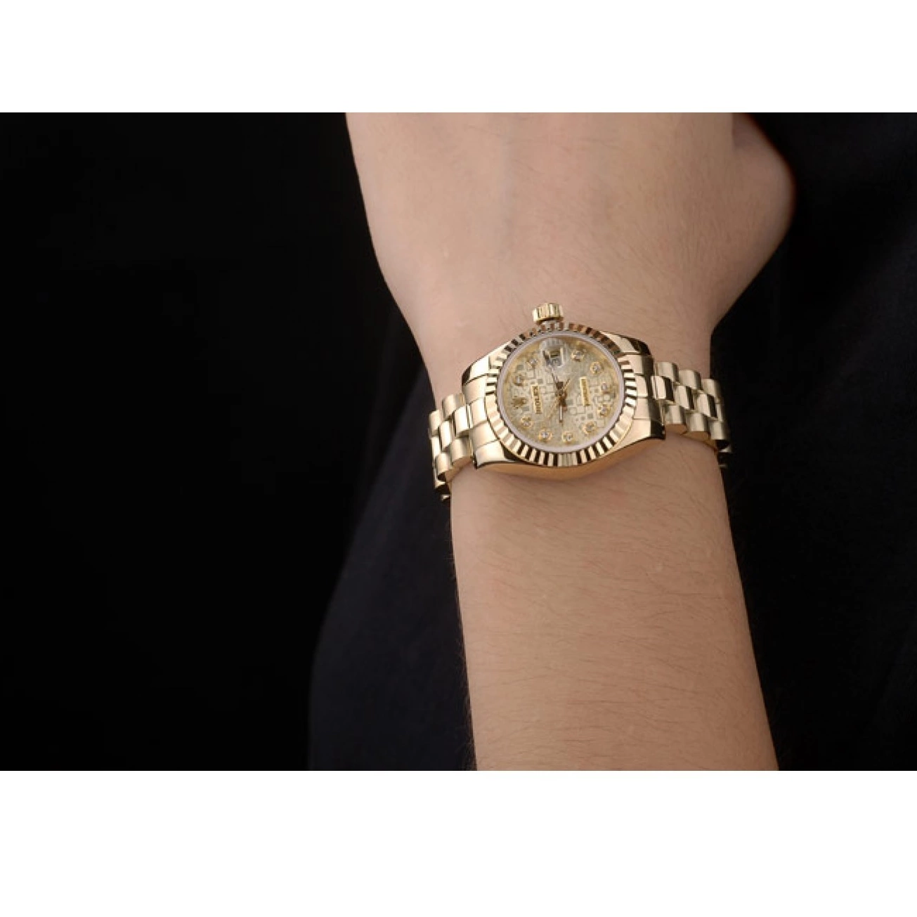 Aaa replica watch Dial Rolex Gold Ribbed Gold Pattern Bezel DateJust 0717